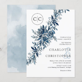 Mongram Blue Aquarell Flororal Lineart Hochzeit Einladung