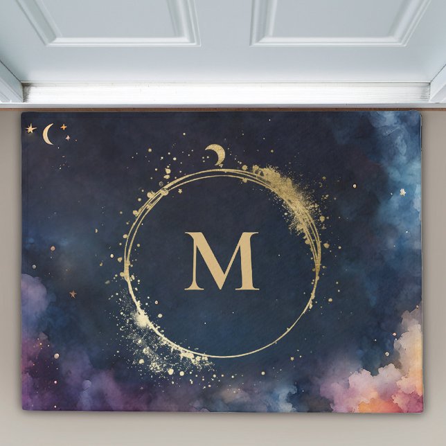 Mongram Blue Gold Galaxy Sky Planets Fußmatte (elestial galaxy personalized midnight blue space doormat custom monogram gift)