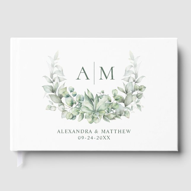 Mongram Botanische Grüne Elegante Hochzeit Gästebuch (Vorderseite)