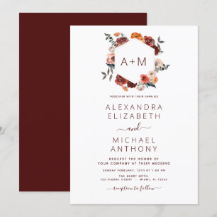 Mongram Burgundy Blumengrün Hochzeit Einladung