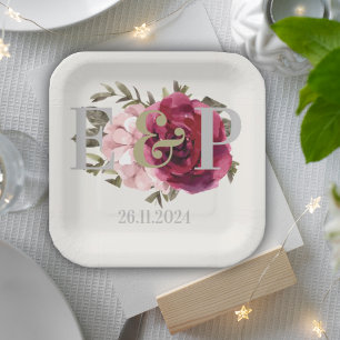 Mongram Burgundy Blush Floral Wedding Party Pappteller