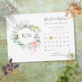 Mongram Calendar Gold Heart Floral Wedding Save The Date