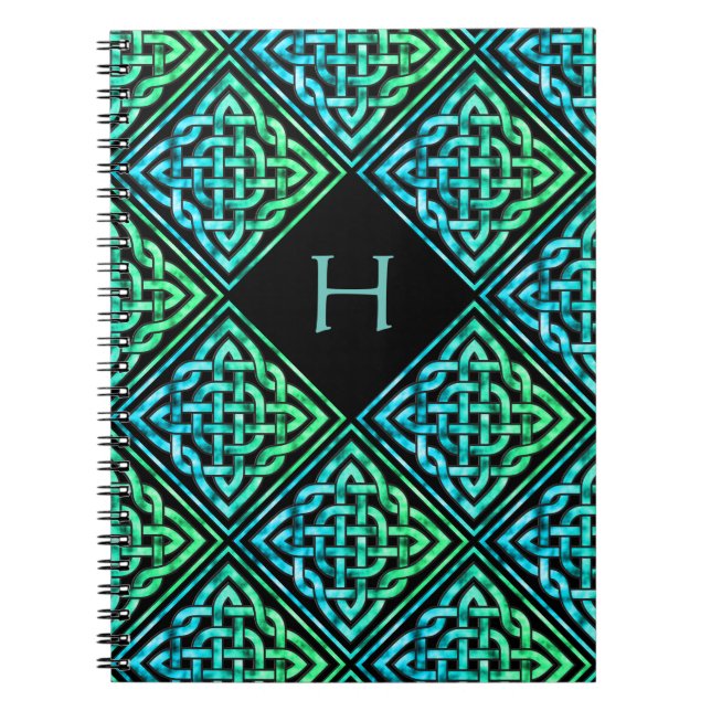 Mongram Celtic Knot Blue Green Pattern Notebook Notizblock (Vorderseite)