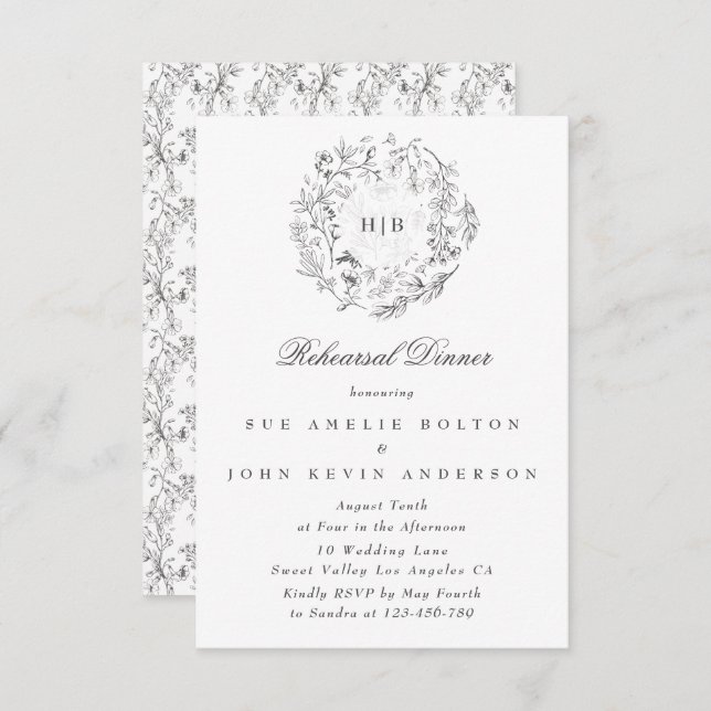 Mongram Classic Wreath Wedding Probe Dinner Begleitkarte (Vorne/Hinten)