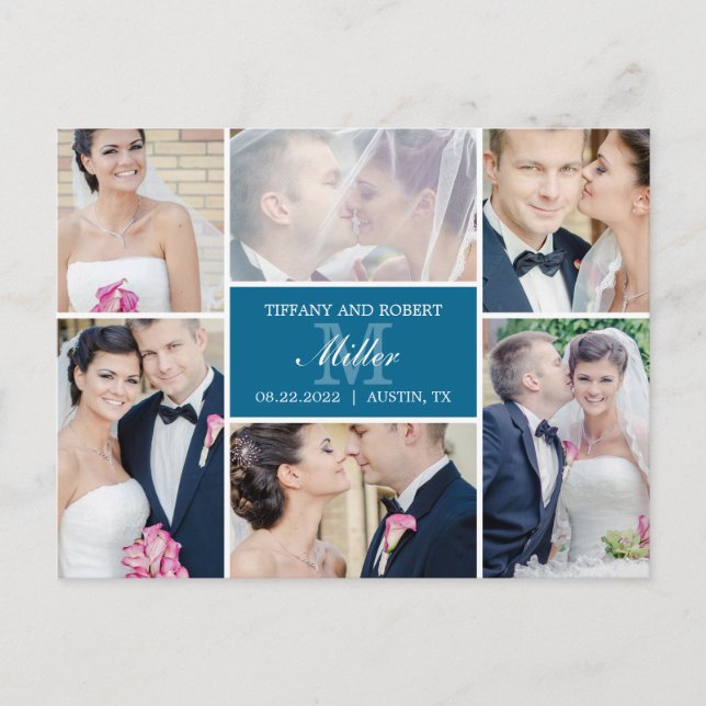 Mongram Collage Wedding Announcement - Blue Ankündigungspostkarte (Vorderseite)