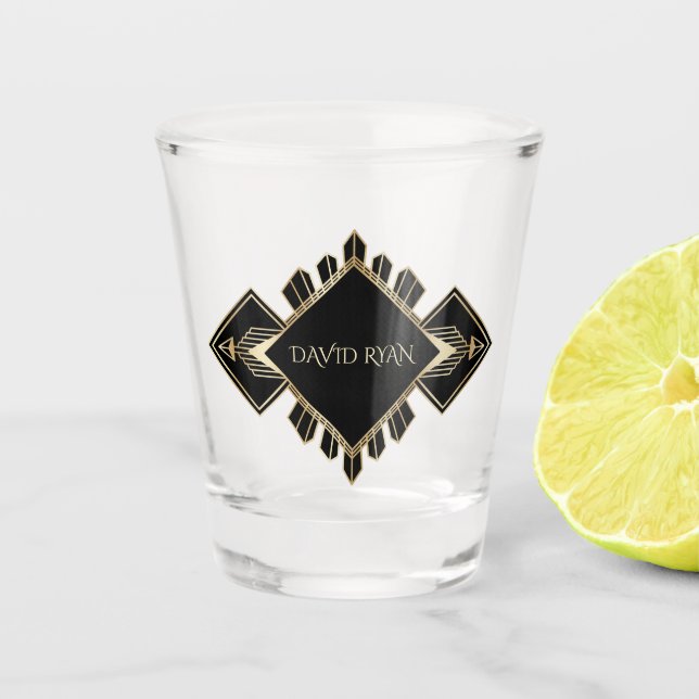 Mongram, elegant Gold und Black Art Deco Schnapsglas (Vorderseite)