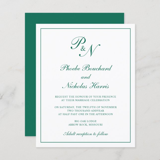 Mongram Emerald Green Budget Hochzeitseinladung (Vorne/Hinten)