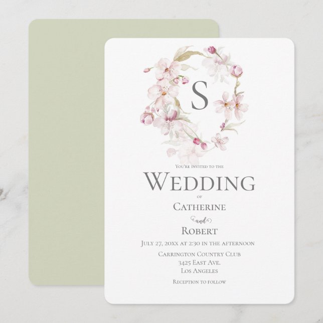 Mongram Floral Script Green Watercolor Wedding Einladung (Vorne/Hinten)