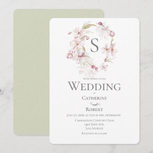 Mongram Floral Script Green Watercolor Wedding Einladung