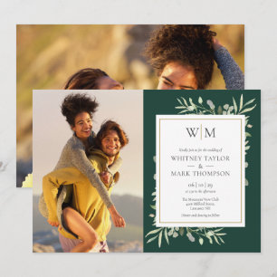 Mongram Foliage Emerald Green Foto Wedding Einladung