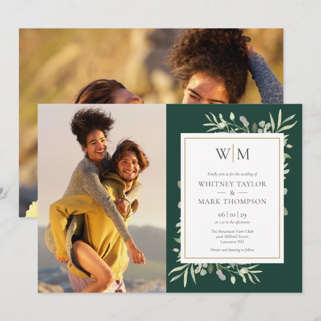 Mongram Foliage Emerald Green Foto Wedding Einladung (Vorne/Hinten)