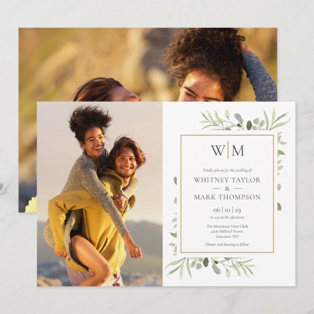Mongram Foto Botanische Grünenhochzeit Einladung (Vorne/Hinten)