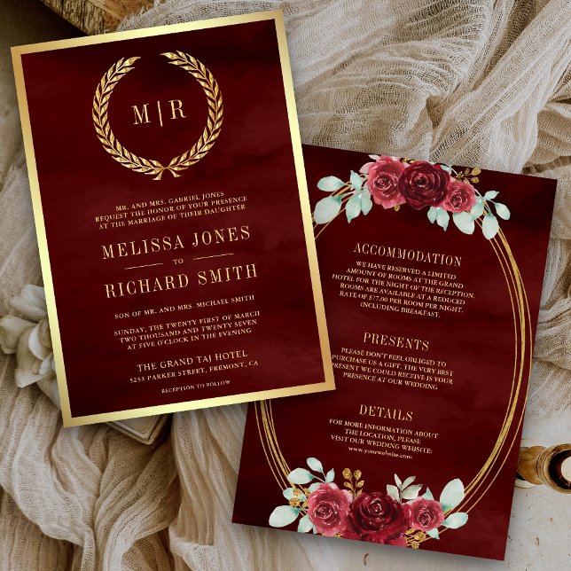 Mongram für Burgundy Rote Rosen bei einer Hochzeit Einladung (Von Creator hochgeladen)