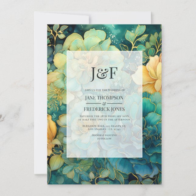 Mongram für Verdigris und Gold Floral Wedding Einladung (Vorderseite)