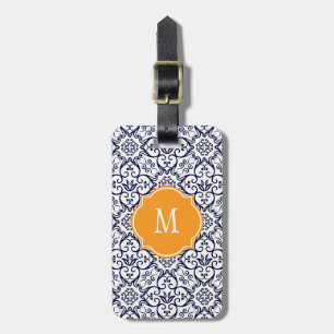 Mongram-Gepäckmarke für Navy Blue & White Damask Gepäckanhänger