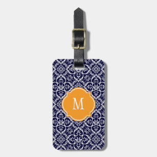 Mongram-Gepäckmarke für Navy Blue & White Damask Gepäckanhänger