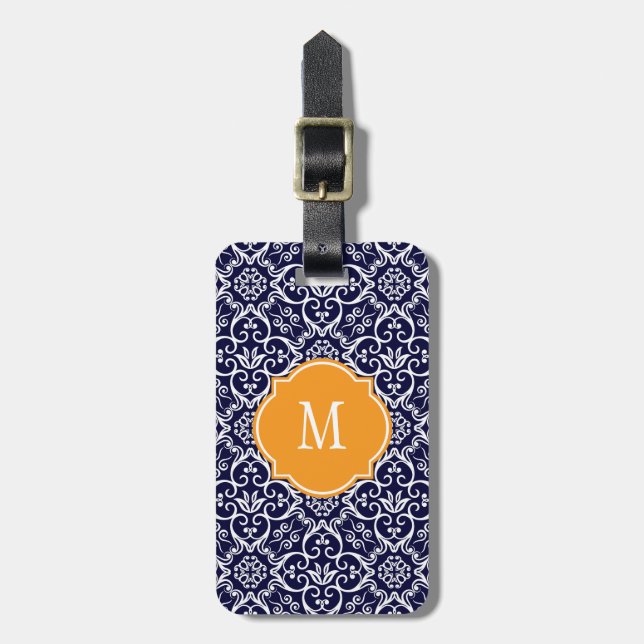Mongram-Gepäckmarke für Navy Blue & White Damask Gepäckanhänger (Vorderseite vertikal)