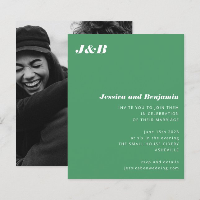 Mongram Green Foto Hochzeitseinladung (Vorne/Hinten)