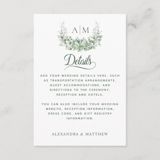 Mongram Greenery Elegant Wedding Details Begleitkarte (Vorderseite)
