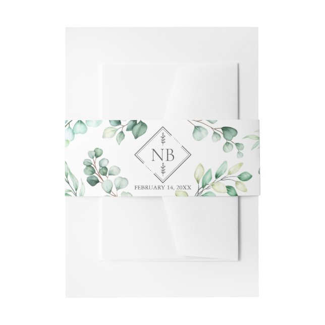 Mongram Greenery Eucalyptus Watercolor Wedding Einladungsbanderole (Vorderseite Beispiel)