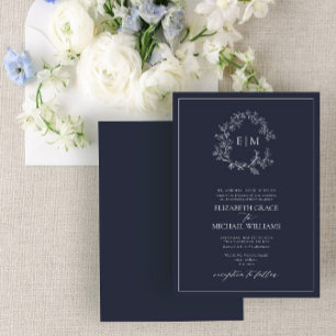 Mongram-Hochzeit des formalen Navy Blue Leafy Wapp Einladung