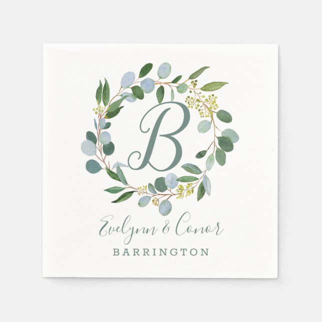 Mongram Hochzeitskranz mit Eukalyptus Serviette (Vorderseite)