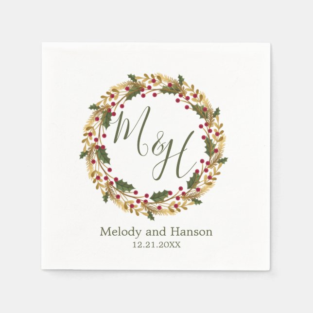 Mongram Holly and Golden Kiefer Wedding Serviette (Vorderseite)