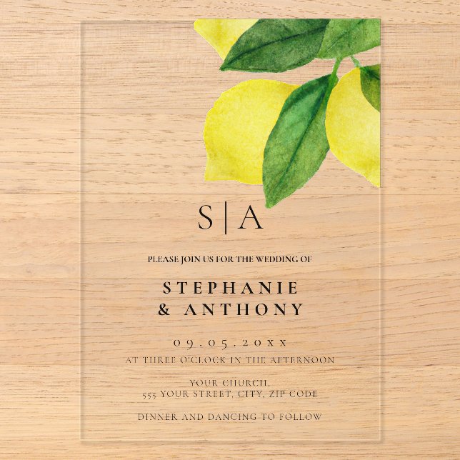 Mongram Lemon Citrus Branch Wedding Acryleinladungen (Vorderseite)