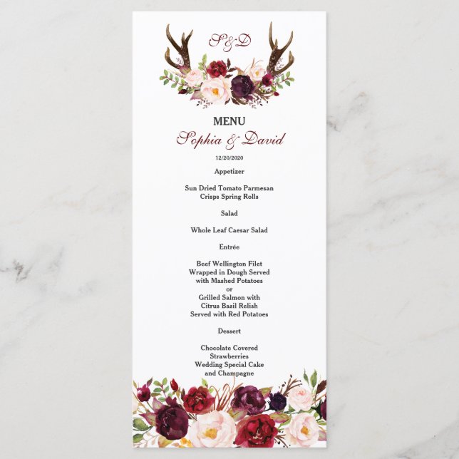 Mongram Menu von Burgundy Marsala Floral Antlers Menükarte (Vorderseite)