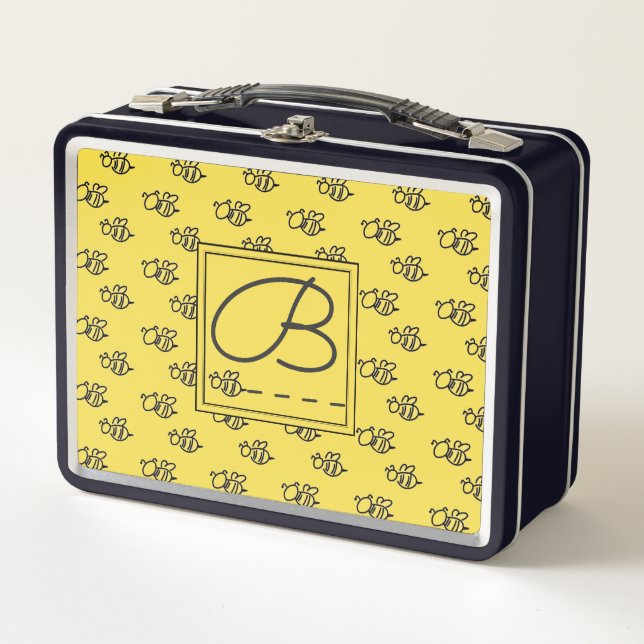 Mongram Muster der Gelben Sommerbienen Metall Brotdose (Vorderseite)