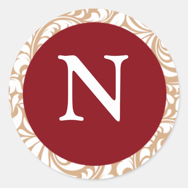 Mongram N Cranberry Color Design Designer Hochzeit Runder Aufkleber (Vorderseite)