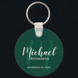 Mongram&Name für moderne Script-Personalisierte Tr Schlüsselanhänger<br><div class="desc">Fügen Sie Ihrer Hochzeit eine persönliche Touch mit personalisierten Trauzeugen Schlüsselanhänger hinzu. Dieser Schlüsselanhänger zeichnet sich durch den Namen personalisierter Trauzeugen im modernen, weißen Skript-Schriftart-Stil und Monogramm in hellgrün modernen Drehbuch-Schriftart-Stil als Hintergrund mit Titel und Hochzeitdatum in weiß modernen Sans Serif Schriftart Stil auf smaragdgrünen Hintergrund. Auch perfekt für Trauzeuge,...</div>