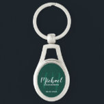 Mongram&Name für moderne Script-Personalisierte Tr Schlüsselanhänger<br><div class="desc">Fügen Sie Ihrer Hochzeit eine persönliche Touch mit personalisierten Trauzeugen Schlüsselanhänger hinzu. Dieser Schlüsselanhänger zeichnet sich durch den Namen personalisierter Trauzeugen im modernen, weißen Skript-Schriftart-Stil und Monogramm in hellgrün modernen Drehbuch-Schriftart-Stil als Hintergrund mit Titel und Hochzeitdatum in weiß modernen Sans Serif Schriftart Stil auf smaragdgrünen Hintergrund. Auch perfekt für Trauzeuge,...</div>