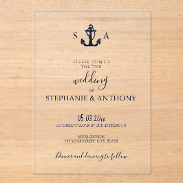 Mongram Nautical Navy Blue Anchor Hochzeit Acryleinladungen