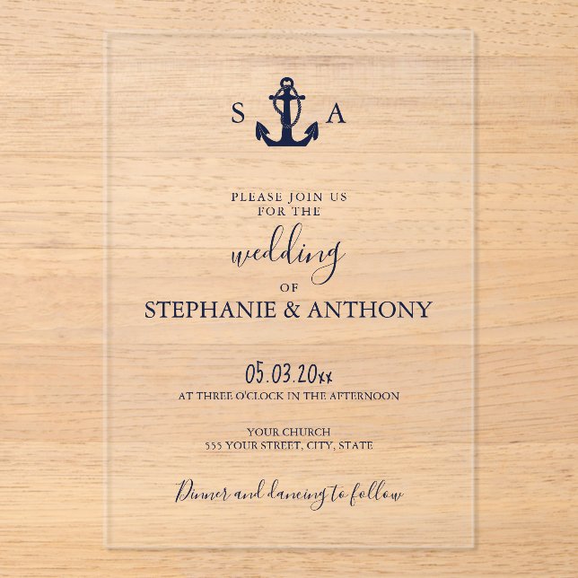 Mongram Nautical Navy Blue Anchor Hochzeit Acryleinladungen (Vorderseite)