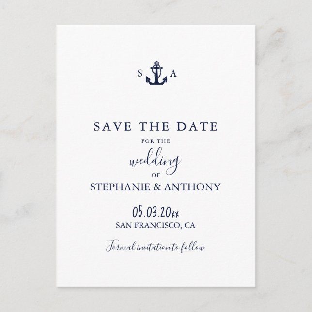 Mongram Nautical Navy Blue Anchor Hochzeit Ankündigungspostkarte (Vorderseite)