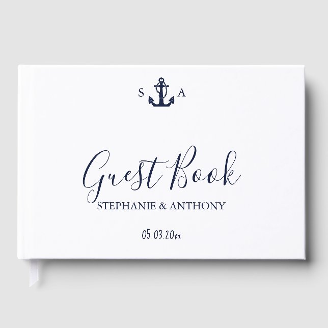 Mongram Nautical Navy Blue Anchor Hochzeit Gästebuch (Vorderseite)