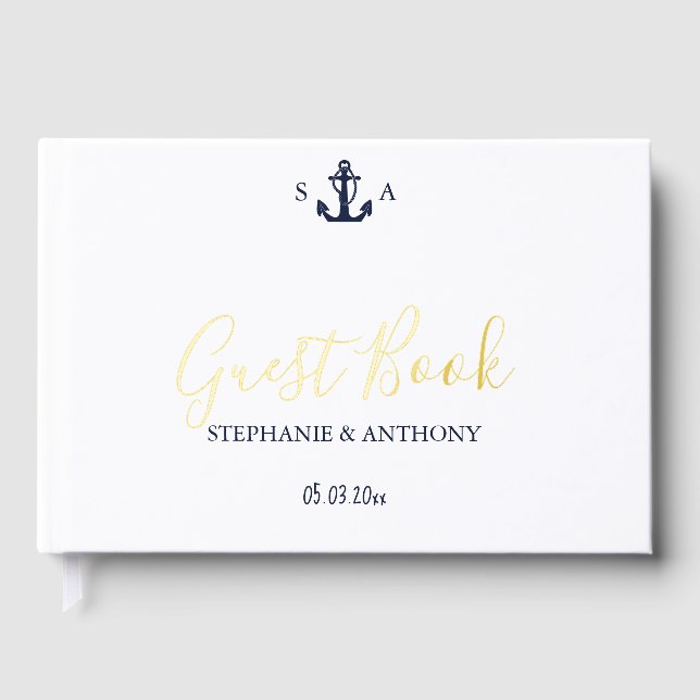 Mongram Nautical Navy Blue Anchor Hochzeit Gästebuch (Vorderseite)