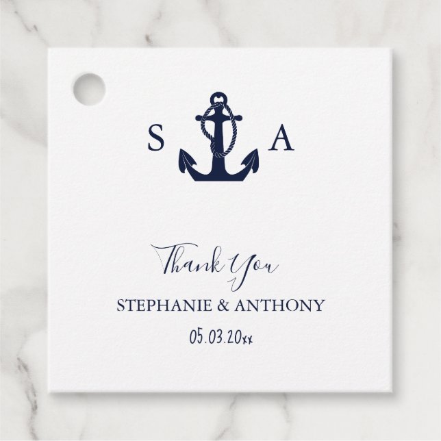 Mongram Nautical Navy Blue Anchor Hochzeit Geschenkanhänger (Vorderseite)