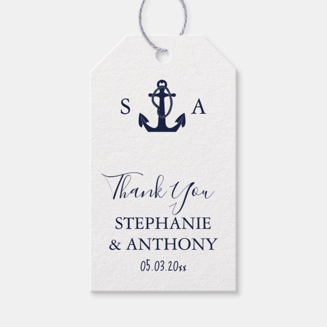 Mongram Nautical Navy Blue Anchor Hochzeit Geschenkanhänger (Vorderseite)