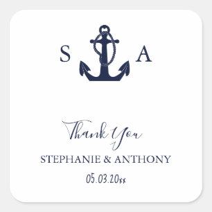 Mongram Nautical Navy Blue Anchor Hochzeit Quadratischer Aufkleber