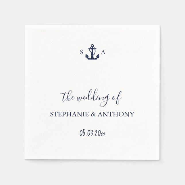 Mongram Nautical Navy Blue Anchor Hochzeit Serviette (Vorderseite)