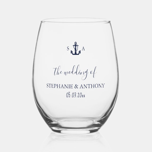 Mongram Nautical Navy Blue Anchor Hochzeit Weinglas Ohne Stiel (Vorderseite)