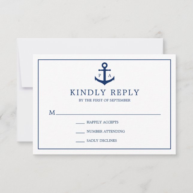Mongram Navy Blue Anchor Nautical Wedding RSVP Karte (Vorderseite)