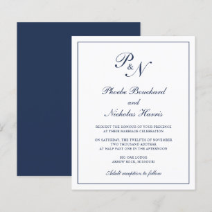 Mongram Navy Blue Budget Einladung zur Hochzeit