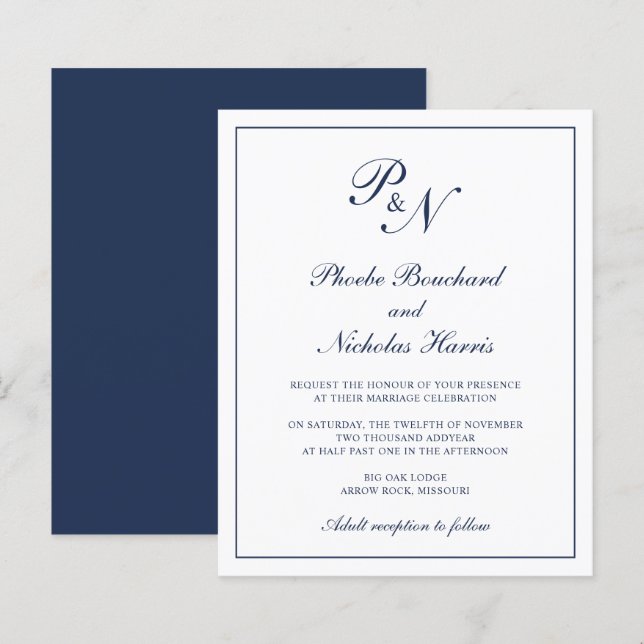 Mongram Navy Blue Budget Einladung zur Hochzeit (Vorne/Hinten)