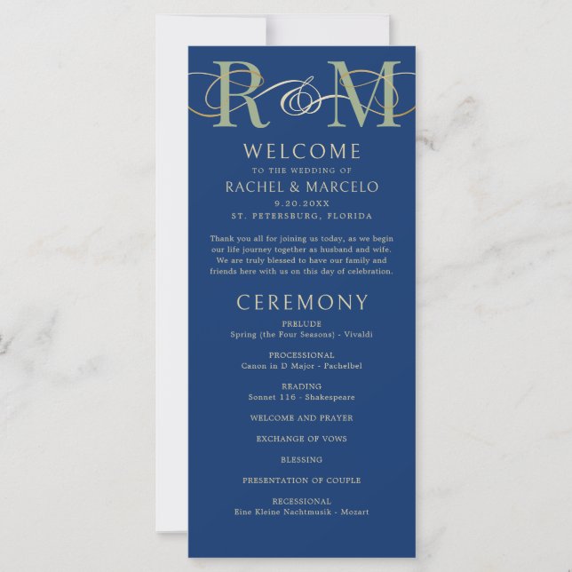 Mongram Navy Olive Sage Green Wedding Program (Vorderseite)