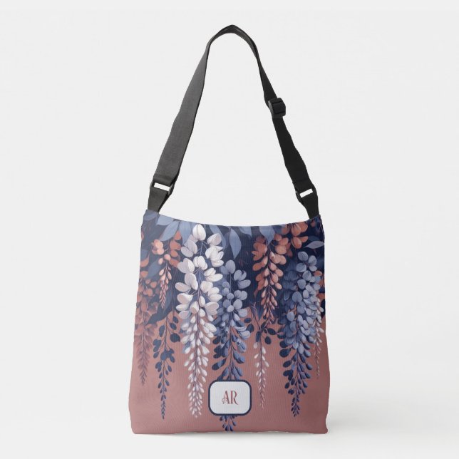 Mongram Navy Rose Wisteria Elegance Tragetaschen Mit Langen Trägern (Vorderseite)