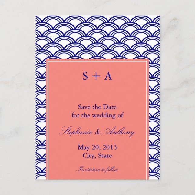 Mongram Navy und Coral Seigaiha Pattern Wedding Ankündigungspostkarte (Vorderseite)