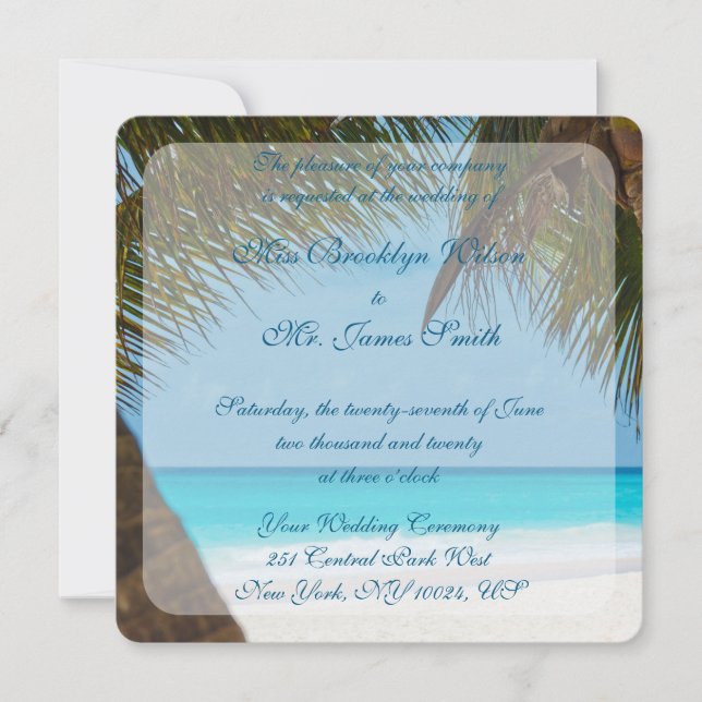Mongram Palmen on Beach Hochzeitseinladungen Einladung (Vorderseite)
